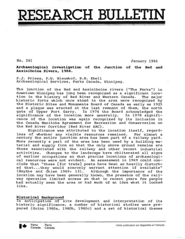 No. 241 January 1986 Archaeological Investigation of the Junction of the Red and Assiniboine Rivers, 1984