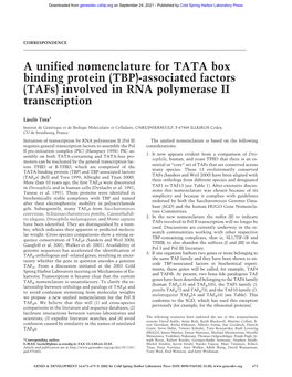 A Unified Nomenclature for TATA Box Binding Protein (TBP)-Associated Factors (Tafs) Involved in RNA Polymerase II Transcription