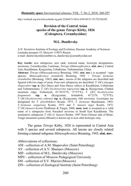 Revision of the Central Asian Species of the Genus Tetrops Kirby, 1826 (Coleoptera, Cerambycidae) M.L. Danilevsky the Genus Tetr