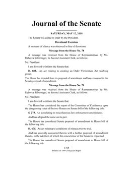 Journal of the Senate ______SATURDAY, MAY 12, 2018 the Senate Was Called to Order by the President