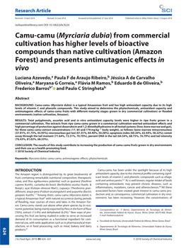 Camu-Camu (Myrciaria Dubia) from Commercial Cultivation Has Higher