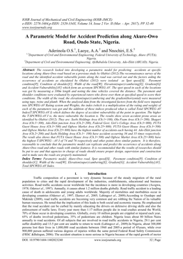 A Parametric Model for Accident Prediction Along Akure-Owo Road, Ondo State, Nigeria