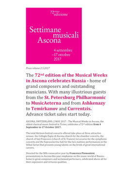 Press Release 72.Settimane Musicali Ascona