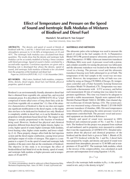 Effect of Temperature and Pressure on the Speed of Sound and Isentropic Bulk Modulus of Mixtures of Biodiesel and Diesel Fuel Mustafa E