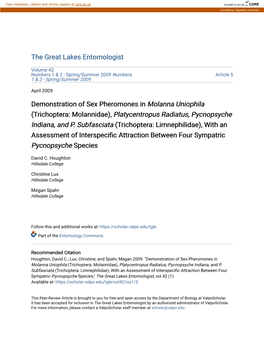 Demonstration of Sex Pheromones in Molanna Uniophila (Trichoptera: Molannidae), Platycentropus Radiatus, Pycnopsyche Indiana, and P