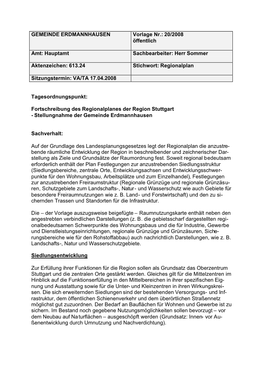 Fortschreibung Des Regionalplanes Der Region Stuttgart - Stellungnahme Der Gemeinde Erdmannhausen