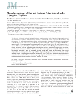 Molecular Phylogeny of East and Southeast Asian Fossorial Moles (Lipotyphla, Talpidae)