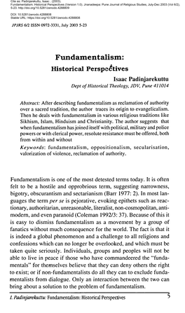 Fundamentalism: Historical Perspectives Isaac Padinjarekuttu Dept of Historical Theology, JDV, Pune 411014