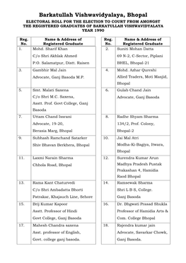 Barkatullah Vishwavidyalaya, Bhopal ELECTORAL ROLL for the ELECTION to COURT from AMONGST the REGISTERED GRADUATES of BARKATULLAH VISHWAVIDYALAYA YEAR 1990