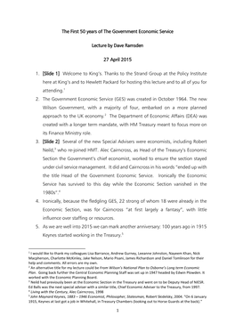 The First 50 Years of the Government Economic Service Lecture by Dave