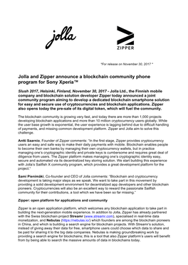 Jolla and Zipper Announce a Blockchain Community Phone Program for Sony Xperia™