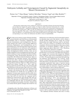 Embryonic Lethality and Tumorigenesis Caused by Segmental Aneuploidy on Mouse Chromosome 11