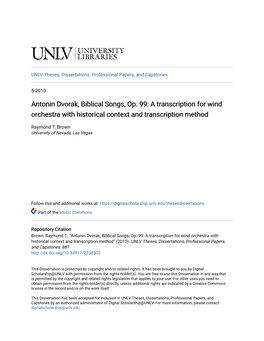 Antonin Dvorak, Biblical Songs, Op. 99: a Transcription for Wind Orchestra with Historical Context and Transcription Method