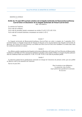 Arrêté Du 14 Août 2013 Portant Création De La Brigade Territoriale De