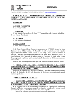 Acta De La Sesion Ordinaria Celebrada Por La Comision De Gobierno El Dia Diecinueve De Diciembre De Mil Novecientos Noventa Y Cuatro