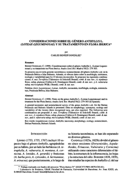 Consideraciones Sobre El Género Anthyllis L. (Loteae-Leguminosae) Y Su Tratamiento En Flora Iberica*