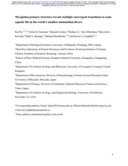 Myoglobin Primary Structure Reveals Multiple Convergent Transitions to Semi- Aquatic Life in the World’S Smallest Mammalian Divers