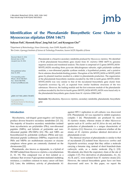Identification of the Phenalamide Biosynthetic Gene Cluster in Myxococcus Stipitatus DSM 14675 Suhyun Park1, Hyesook Hyun1, Jong Suk Lee2, and Kyungyun Cho1*