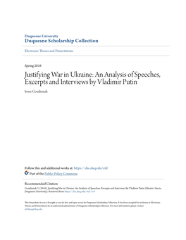 Justifying War in Ukraine: an Analysis of Speeches, Excerpts and Interviews by Vladimir Putin Irene Goudimiak