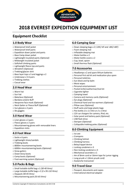 2018 Everest Expedition Equipment List