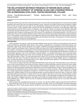 (Ursus Arctos) and Diversity of Airbone Algae and Cyanobacteria in the Glowonio