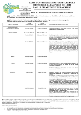 Dates D'ouverture Et De Fermeture De La Chasse Pour La Campagne 2021