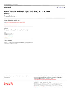 Recent Publications Relating to the History of the Atlantic Region Patricia L