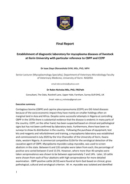 Establishment of Mycoplasma Laboratory. University of Ilorin. Final