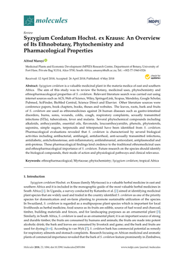 Syzygium Cordatum Hochst. Ex Krauss: an Overview of Its Ethnobotany, Phytochemistry and Pharmacological Properties