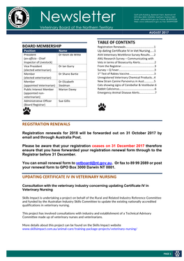 Newsletter Web: Fax: 08 89992089 Veterinary Board of the Northern Territory AUGUST 2017