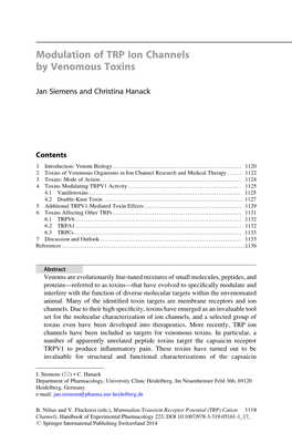 Siemens J and Hanack C Modulation of TRP Ion Channels by Venomous