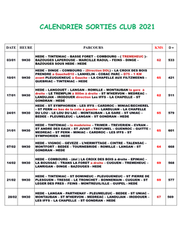 Calendrier Sorties Club 2021