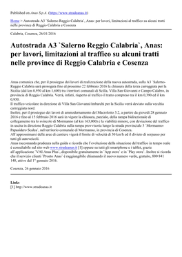 Autostrada A3 `Salerno Reggio Calabria`, Anas: Per Lavori, Limitazioni Al Traffico Su Alcuni Tratti Nelle Province Di Reggio Calabria E Cosenza