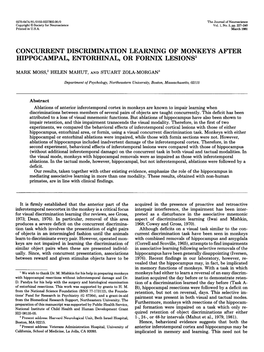 Concurrent Discrimination Learning of Monkeys After Hippocampal, Entorhinal, Or Fornix Lesions