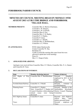 Minutes of Council Meeting Held on Monday 19Th August 2013 at Blythe Bridge and Forsbrook Village Hall