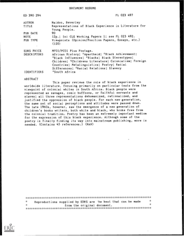 Representations of Black Experience in Literature for Young People. PUB DATE 90 NOTE 12P.; In: CLE Working Papers 1; See FL 023 492