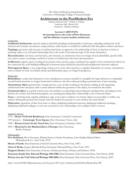 Architecture in the Postmodern Era Summer Semester 2017 (Friday 1-2:30Pm) Lawrence Hall (Room 104) Instructor: Matthew Schlueb