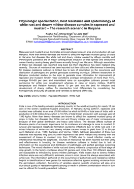 Physiologic Specialization, Host Resistance and Epidemiology of White Rust and Downy Mildew Disease Complex in Rapeseed and Mustard – the Research Scenario in Haryana