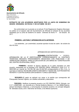 Extracto De Los Acuerdos Adoptados Por La Junta De Gobierno En Sesión Ordinaria De Fecha 11 De Octubre De 2011