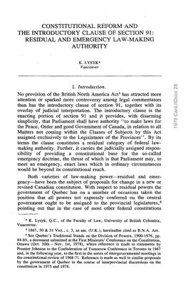 Constitutional. Reform an the Introductory Clause of Section 91 : Residual and Emergency Law-Making Authority