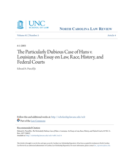 The Particularly Dubious Case of Hans V. Louisiana: an Essay on Law, Race, History, and Federal Courts, 81 N.C