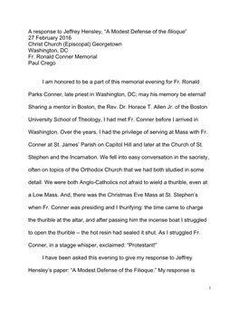 A Response to Jeffrey Hensley, “A Modest Defense of the Filioque” 27 February 2016 Christ Church (Episcopal) Georgetown Washington, DC Fr