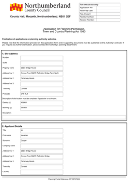 Application for Planning Permission. Town and Country Planning Act 1990