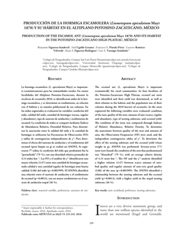 PRODUCCIÓN DE LA HORMIGA ESCAMOLERA (Liometopum Apiculatum Mayr 1870) Y SU HÁBITAT EN EL ALTIPLANO POTOSINO-ZACATECANO, MÉXICO