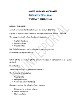 Bio209 Summary: Chordates ©Nounitesportal