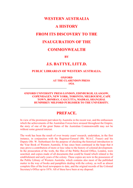 Western Australia a History from Its Discovery to the Inauguration of the Commonwealth
