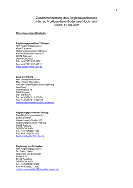 Zusammensetzung Des Begleitausschusses Interreg V „Alpenrhein-Bodensee-Hochrhein“ Stand: 11.08.2021