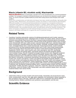 Niacin (Vitamin B3, Nicotinic Acid), Niacinamide Natural Standard Bottom Line Monograph, Copyright © 2011 (