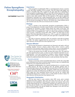 Feline Spongiform Encephalopathy (FSE) Is a Neurodegenerative Disease, Caused by Encephalopathy a Prion, That Affects Members of the Cat Family