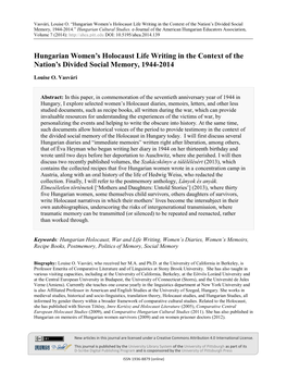 Hungarian Women's Holocaust Life Writing in the Context of The